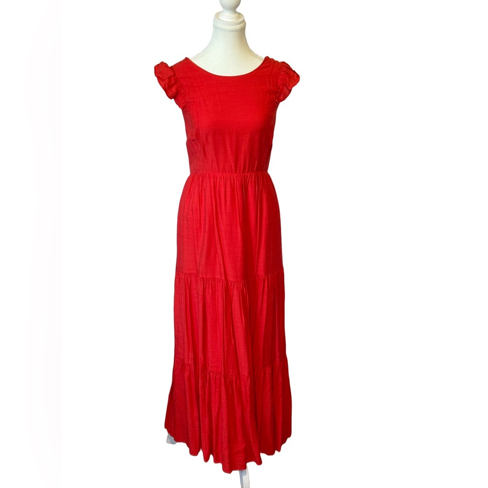EXPRESS Red Tiered Maxi Dress with Tie Back and Flutter Cap Sleeves
